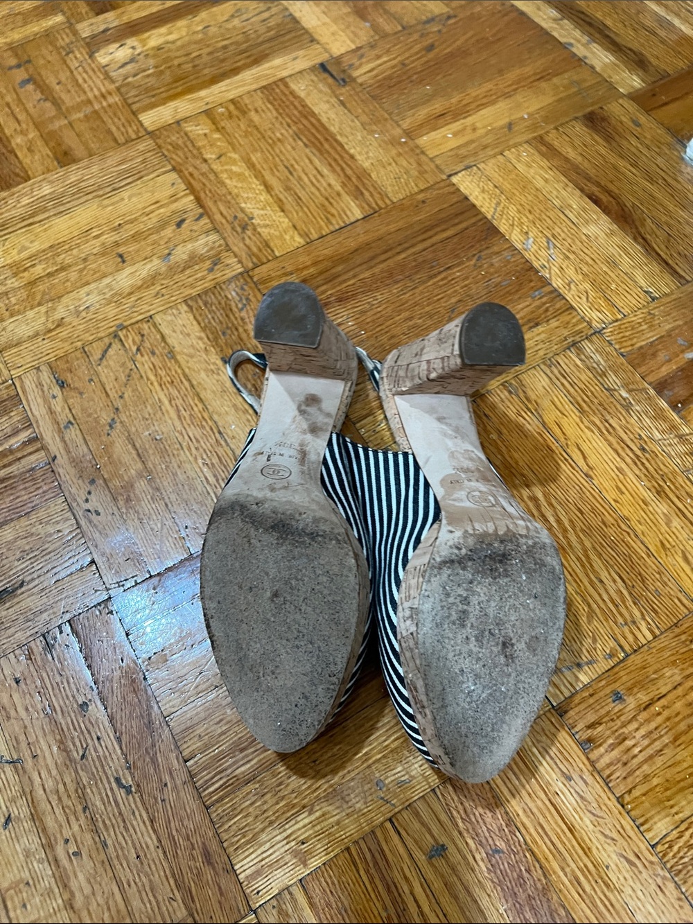 CHANEL Black and White Striped Slingback Wedges - Picture 5 of 5